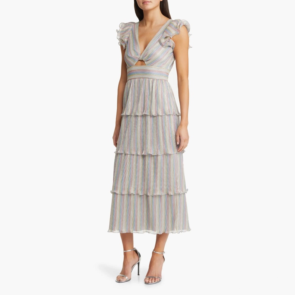 NWT - Saylor - Lyla Metallic Rainbow Stripe Tiered Cocktail Dress